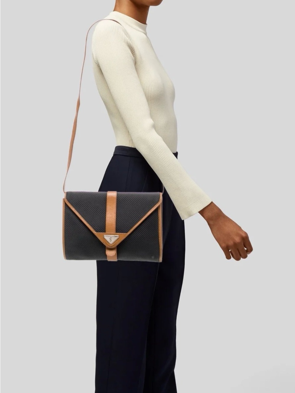 Yves Saint Laurent Black Woven Clutch with Tan Leather Accents